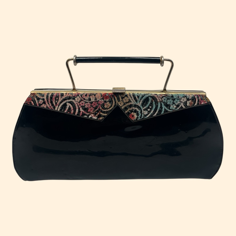 1960s Johansen Vintage Black Patent Leather Handbag with Floral Accent